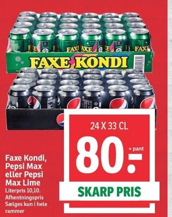 SPAR Faxe kondi, pepsi max eller pepsi max lime tilbud