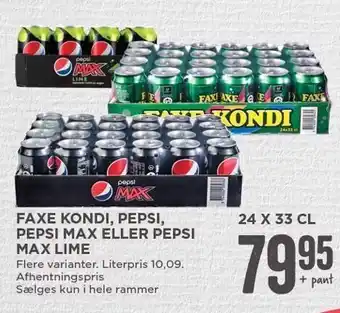 MENY Faxe kondi, pepsi max eller pepsi max lime tilbud