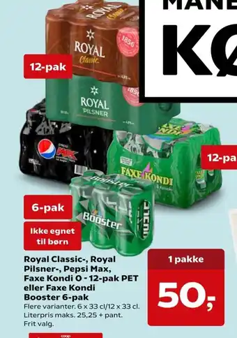 SuperBrugsen Royal Classic, Royal Pilsner-, Pepsi Max, Faxe Kondi 0-12-pak Pet Booster 6-pak tilbud