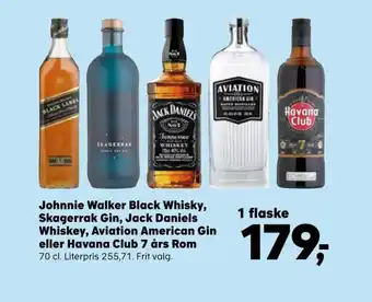 SuperBrugsen Johnnie Walker Black Whisky, Skagerrak Gin, Jack Daniels Whiskey, Aviation American Gin eller Havana Club 7 års Rom tilbud