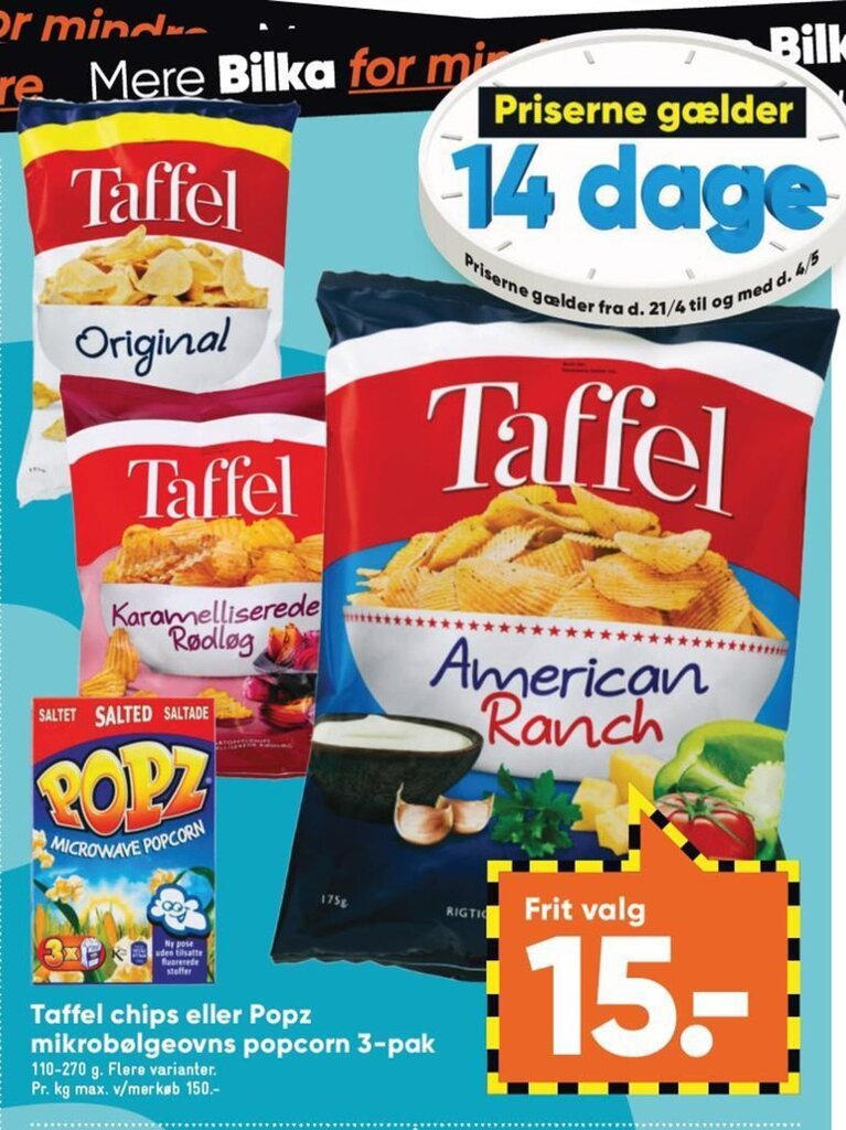 Tafel Chips eller Pops Mikrobølgeovns Popcorn 3pak tilbud hos Bilka