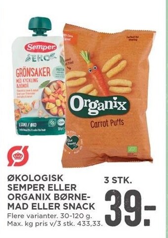 Økologisk semper eller organix børnemad eller snack