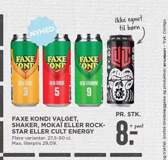 MENY Faxe kondi valget, shaker, mokaï eller rockstar eller cult energy tilbud