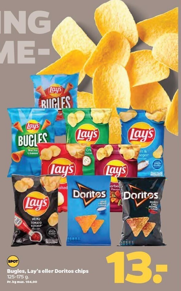 Bugles, lay's eller doritos chips tilbud hos Netto