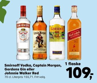 SuperBrugsen Smirnoff vodka, captain morgan, gordons gin eller johnnie walker red tilbud