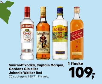 Kvickly Smirnoff vodka, captain morgan, gordons gin eller johnnie walker red tilbud