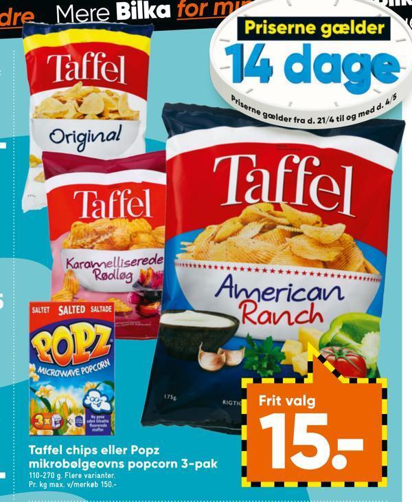 Taffel chips eller popz mikrobølgeovns popcorn 3pak tilbud hos Bilka