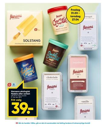 Bilka Hansens økologisk flødeis eller sorbet tilbud
