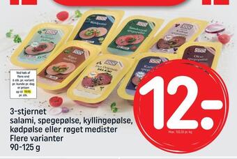 3-stjernet salami, spegepølse, kyllingepølse, kødpølse eller røget medister