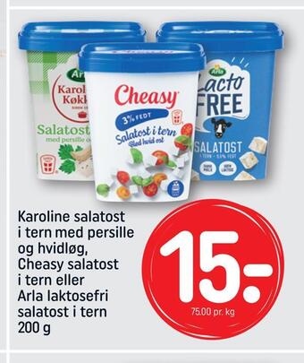 REMA 1000 Karoline salatost i tern med persille og hvidløg, cheasy salatost i tern eller arla laktosefri salatost i tern tilbud