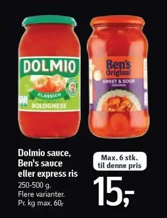 Føtex Dolmio sauce, ben's sauce el. express ris tilbud