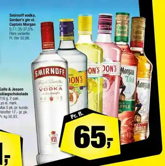 Calle Smirnoff vodka, Gorden's gin el. Captain Morgan tilbud