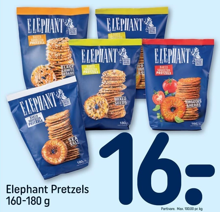 Elephant pretzels 160180 g tilbud hos Rema 1000