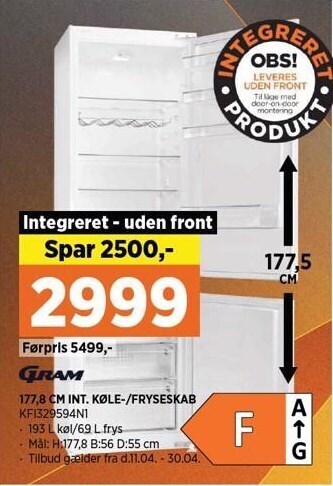 Power Gram 177,8 cm int køle-/fryseskabe tilbud