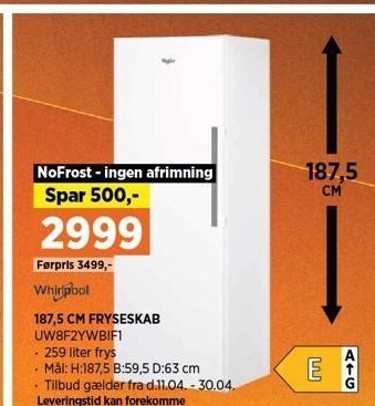 Power Whirlpool 187,5 cm fryseskab tilbud