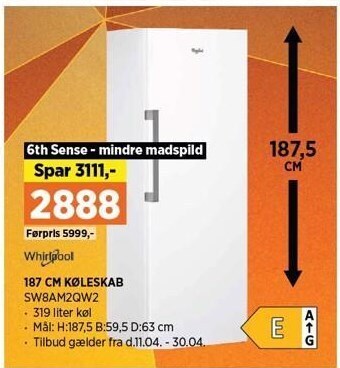 Power Whirlpool 187 cm køleskab tilbud
