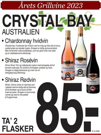 ABC Lavpris CRYSTAL BAY Chardonnay hvidvin • Shiraz Rosévin • Shiraz Rødvin tilbud