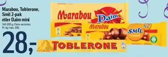 Føtex Marabou, Toblerone, Smil 2-pak eller Daim mini 140-200 g. tilbud