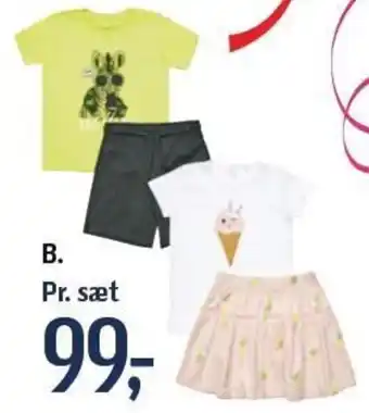Føtex B. T-shirt med shorts eller nederdel. Flere varianter. 98-140 cm. tilbud