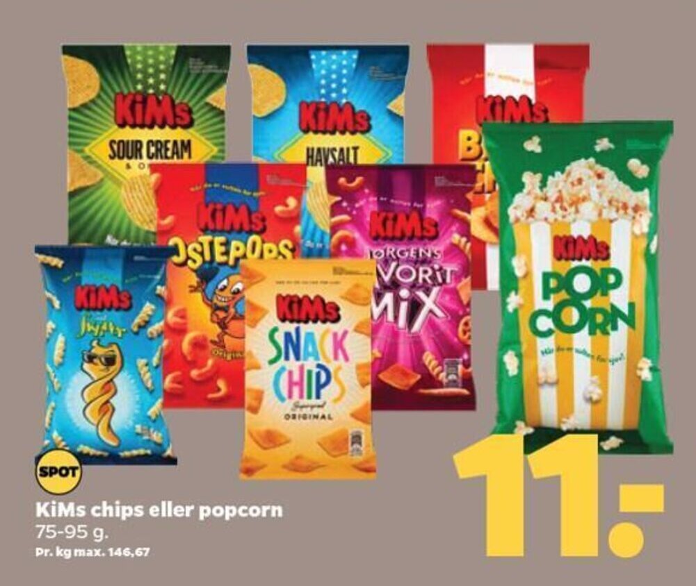 KiMs chips eller popcorn 7595 g. tilbud hos Netto