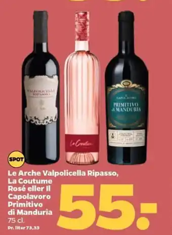 Netto Le Arche Valpolicella Ripasso, La Coutume Rosé eller II Capolavoro Primitivo di Manduria 75 cl tilbud