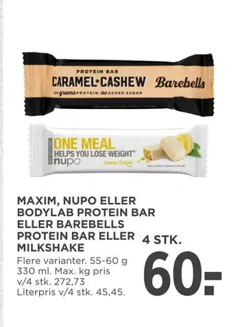 MENY Maxim, nupo eller bodylab protein bar eller barebells protein bar eller milkshake tilbud