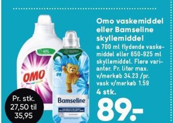 Bilka Omo vaskemiddel eller Bamseline skyllemiddel tilbud