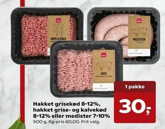 Hakket grisekød 8-12%, hakket grise- og kalvekød 8-12% eller medister 7-10%