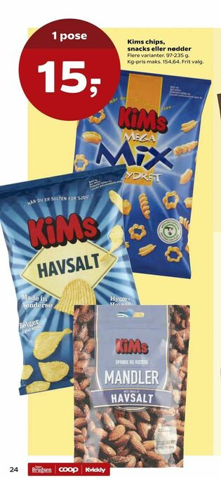 Kvickly Kims chips, snacks eller nødder tilbud