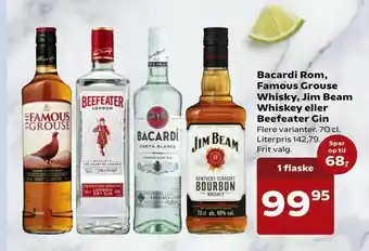 Kvickly Bacardi Rom, Famous Grouse Whisky, Jim Beam Whiskey eller Beefeater Gin tilbud