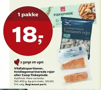SuperBrugsen Vildlaksportioner, hvidløgsmarinerede rejer eller Coop fiskepinde tilbud