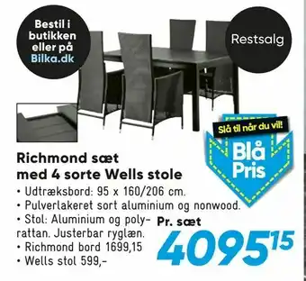 Bilka Richmond sæt med 4 sorte Wells stole tilbud