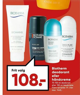 Bilka Biotherm deodorant eller håndcreme tilbud