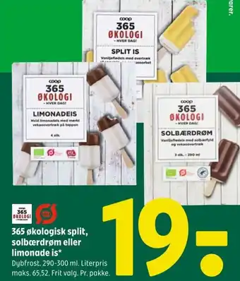 Coop 365 365 økologisk split, solbærdrøm eller limonade is tilbud