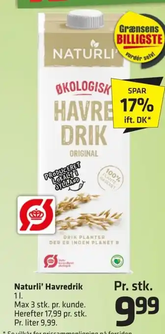 Fleggaard Naturli' Havredrik 1L tilbud