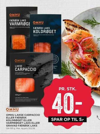 MENY Omhu lakse carpaccio eller færøsk koldrøget eller varmrøget laks eller gravad færøsk laks tilbud