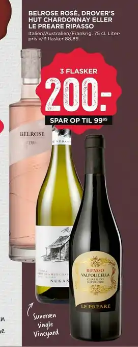 MENY Belrose rosè, drover's hut chardonnay eller le preare ripasso tilbud
