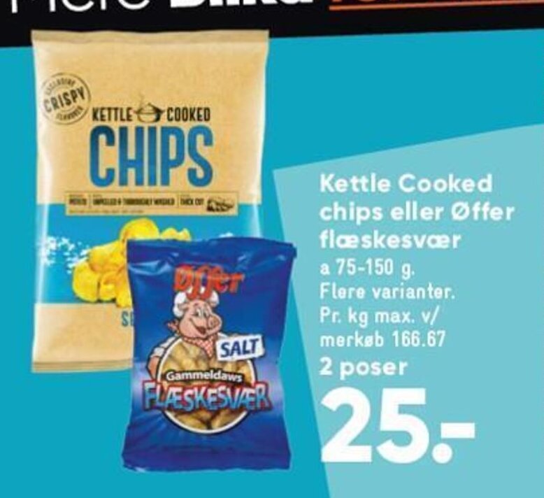 Kettle Cooked chips eller Øffer flæskesvær a 75150 g tilbud hos Bilka