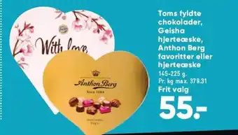 Bilka Toms fyldte chokolader, Geisha hjerteæske, Anthon Berg favoritter eller hjerteæske 145-225 g. tilbud