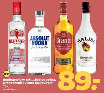 Netto Beefeater Dry gin, Absolut vodka, Grant's whisky eller Malibu rom 70 cl. tilbud
