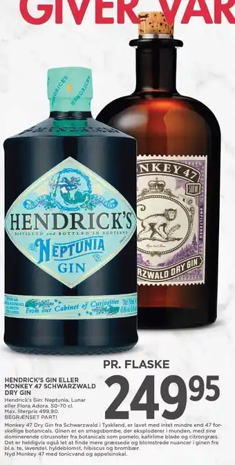 MENY Hendrick's gin eller monkey 47 schwarzwald dry gin tilbud