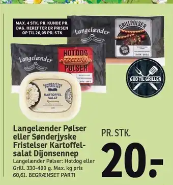 SPAR Langelænder pølser eller sønderjyske fristelser kartoffelsalat dijonsennep tilbud