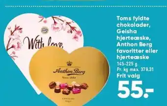 Bilka Toms fyldte chokolader, geisha hjerteæske, anthon berg favoritter eller hjerteæske tilbud
