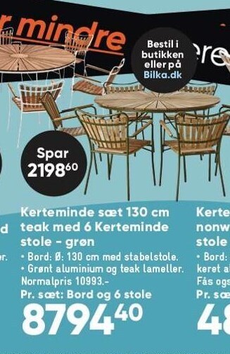 Bilka Kerteminde sæt 130 cm teak med 6 kerteminde stole - grøn tilbud