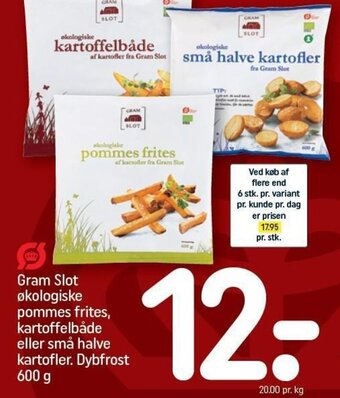 REMA 1000 Gram Slot økologiske pommes frites, kartoffelbåde eller små halve kartofler. Dybfrost 600 g tilbud