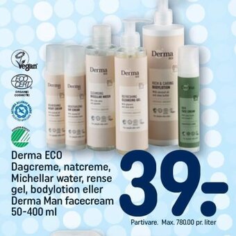 Derma ECO Dagcreme, natcreme, Michellar water, rense gel, bodylotion eller Derma Man facecream 50-400 ml