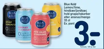 REMA 1000 Blue Keld Lemon/lime, hindbær/jordbær, hvid grape/rabarber eller ananas/mango 33 cl tilbud