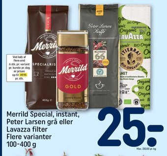 REMA 1000 Merrild Special, instant, Peter Larsen grå eller Lavazza filter tilbud