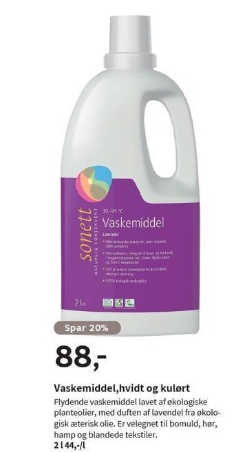 Sonett vaskemiddel, hvidt og kulørt