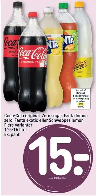 REMA 1000 Coca-cola original, zero sugar, fanta lemon zero, fanta exotic el. schweppes lemon tilbud